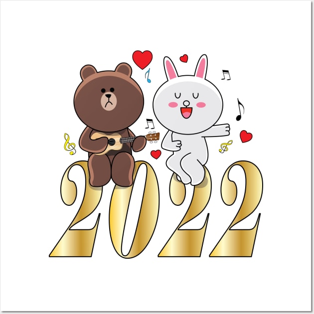 Brown Bear Cony Bunny Rabbit New Year 2022 Wall Art by ArticArtac